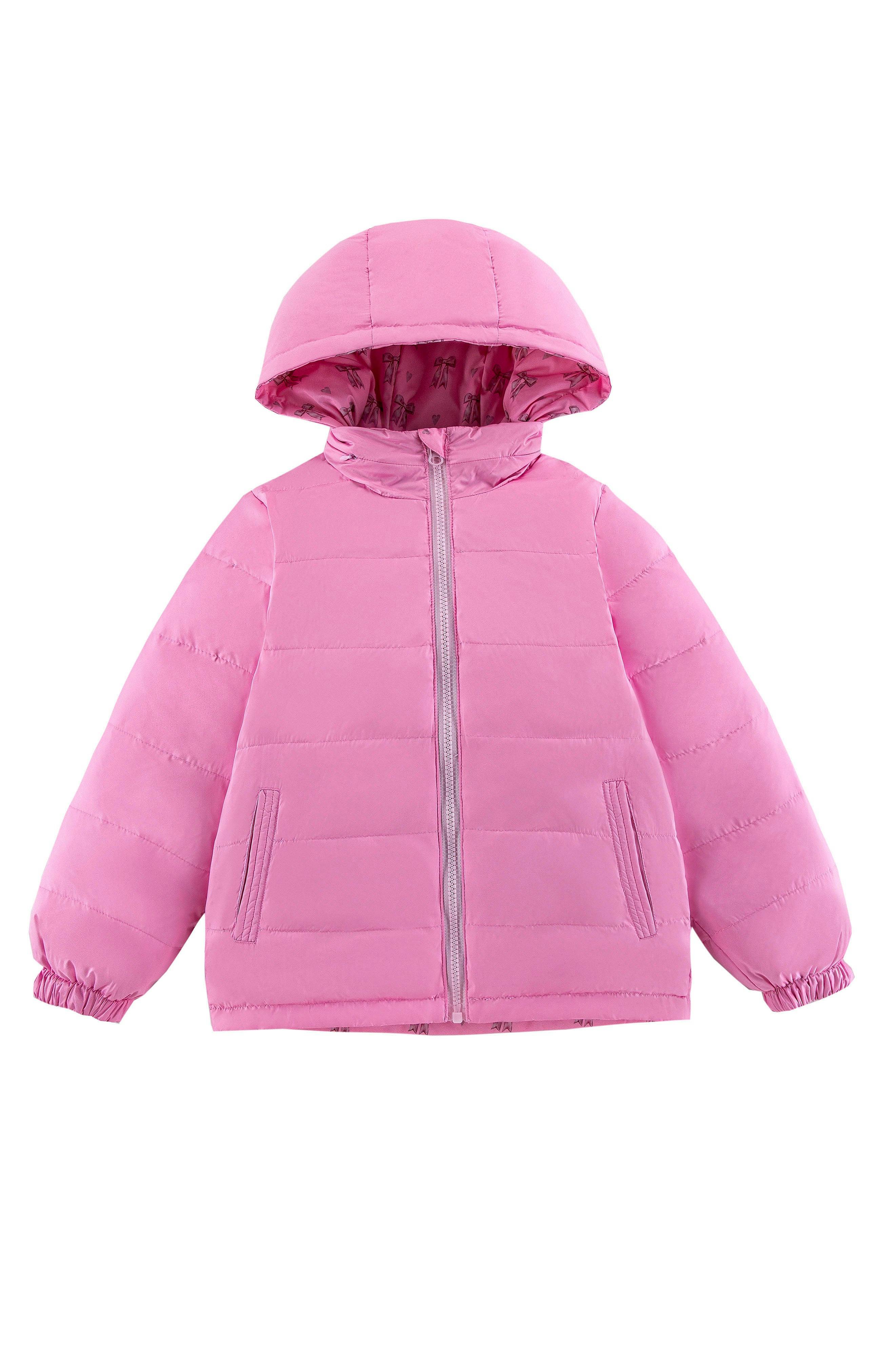 Blake Hooded Reversible Lightweight Down Puffer Jacket, Candy Pink Bow