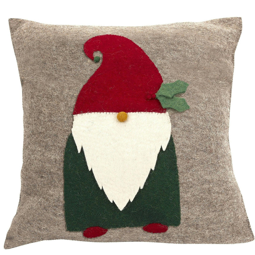 Hand Felted Wool Pillow - Gnome Red Hat Gray - 20"