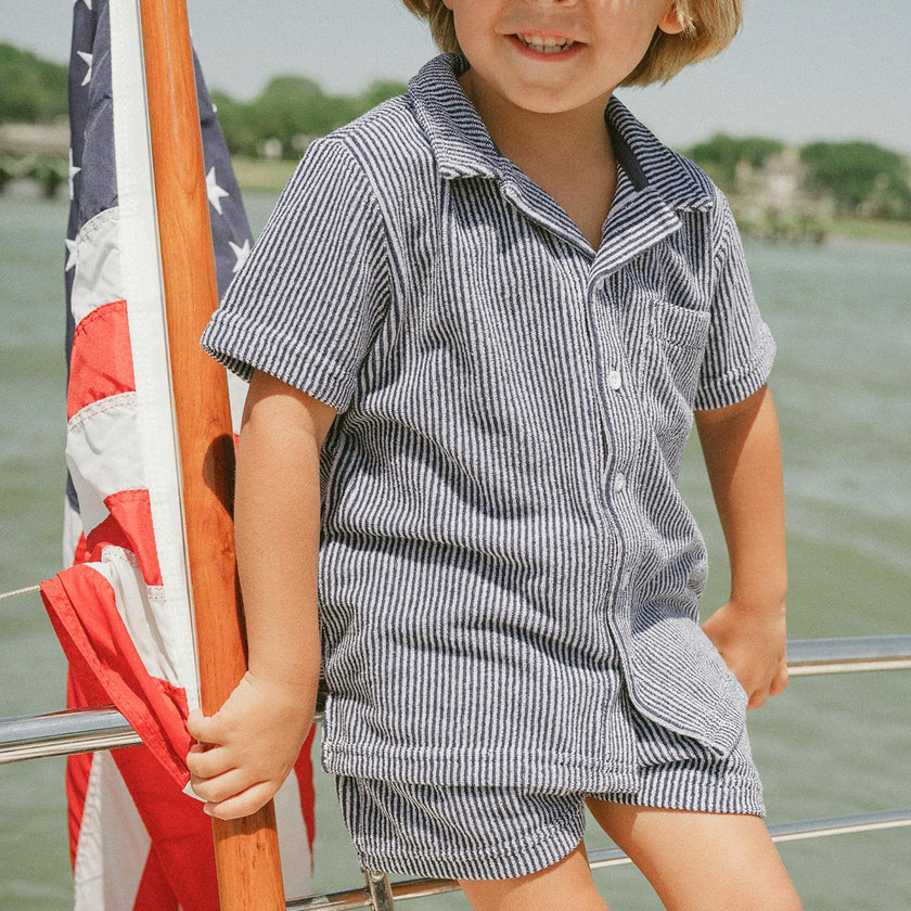 boys navy stripe french terry button up