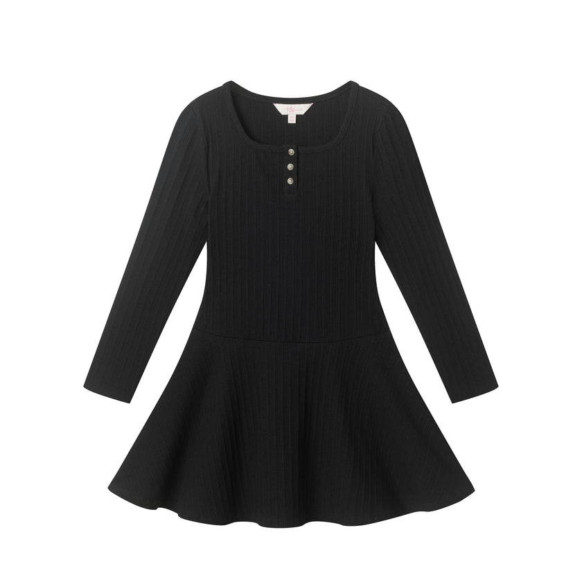 Tween Girls Ribbed Henley Dress | Black