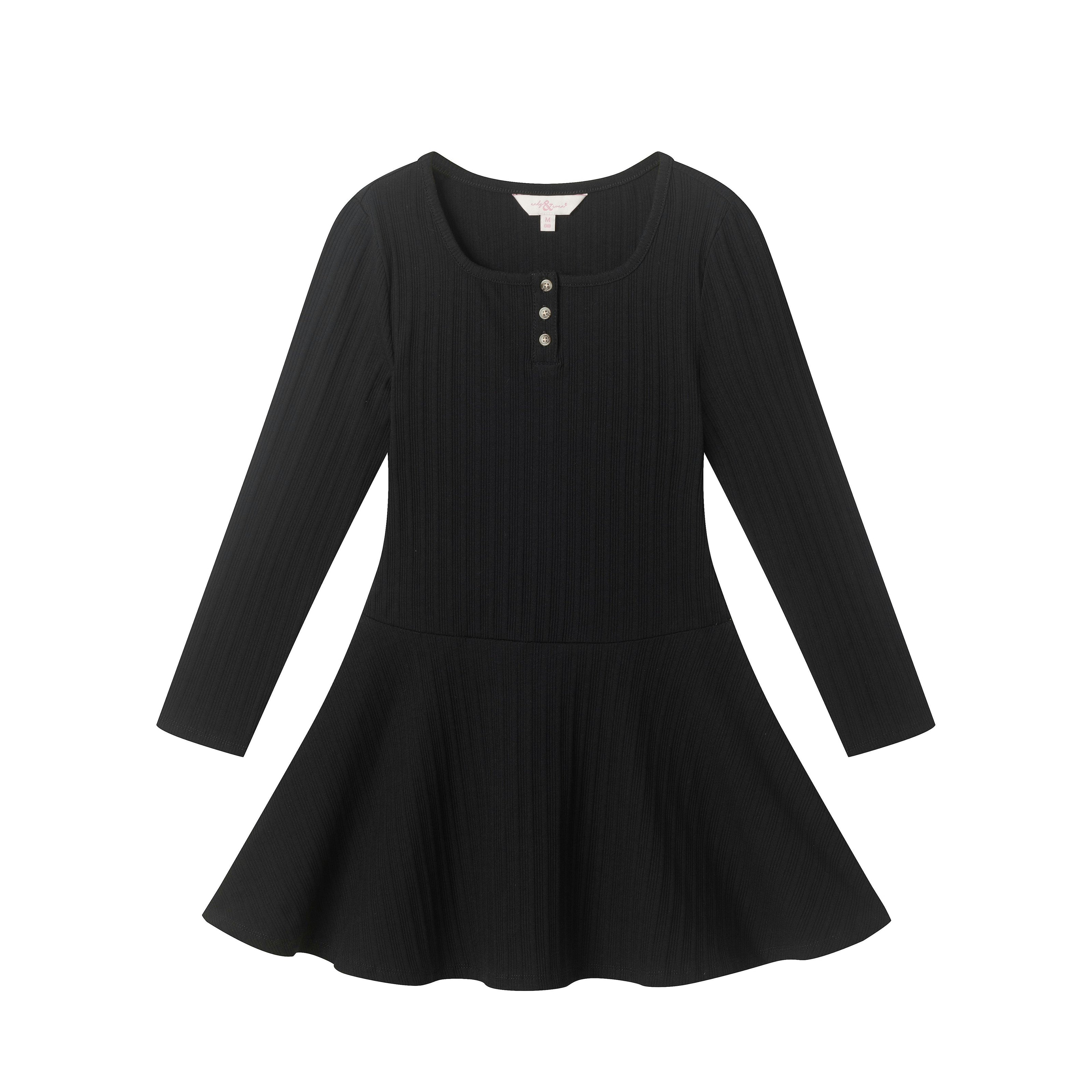 Tween Girls Ribbed Henley Dress | Black