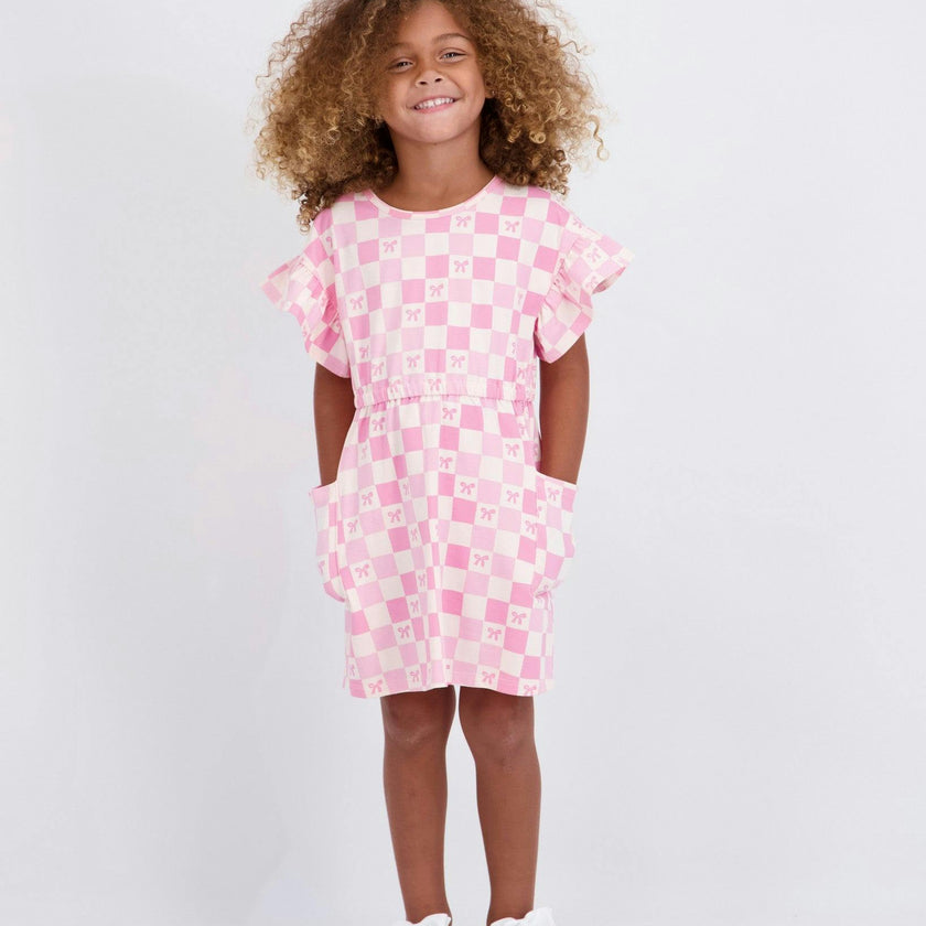 Girls Printed Jersey Dress W. Ruffle Sleeve | Pink Checker
