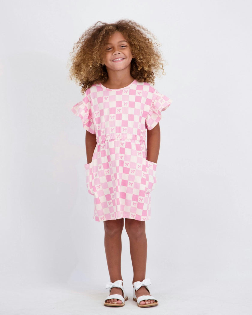 Girls Printed Jersey Dress W. Ruffle Sleeve | Pink Checker