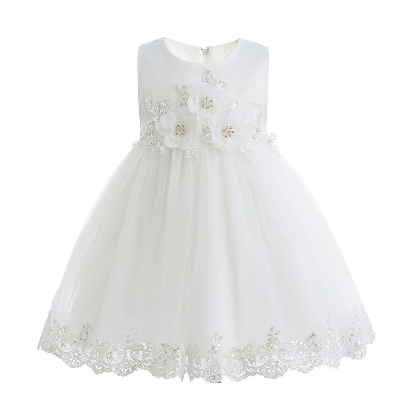 White Embroidered Blooming Bow Dress