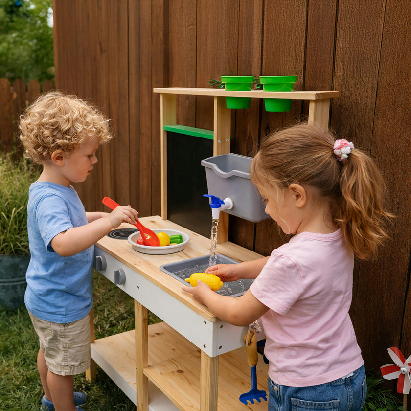 Clover Wooden Mud Kitchen with Water Station and Chalkboard