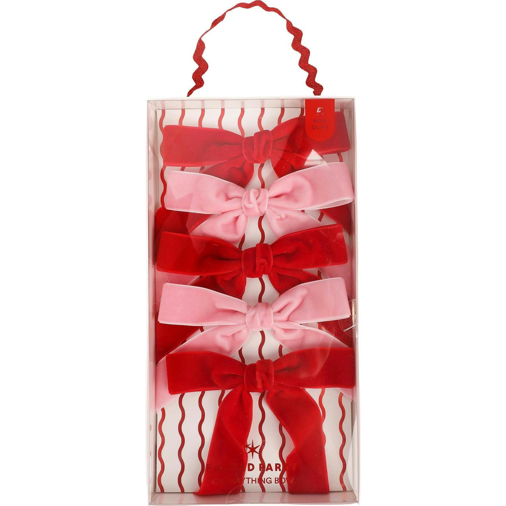Packed Party Pink and Red Velvet Clip-On Bow Set of 5 - Luxe Velveteen Ribbon Bows with Metal Clip for Napkins Place Settings and Party Favors