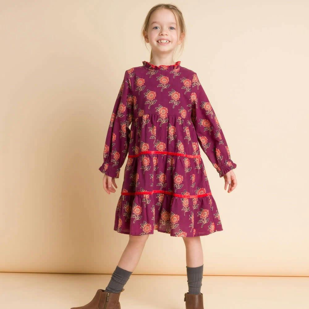 Long Sleeves Tiered Skirt Dress with Velvet Trim