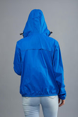 Women's royal blue full zip packable rain jacket and windbreaker