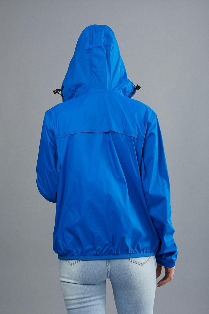 Women's royal blue full zip packable rain jacket and windbreaker