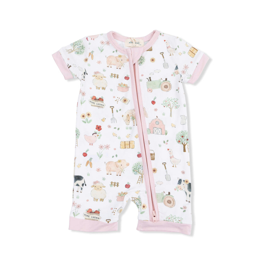 Cute Farm Animals Pink - Shortie 2 Way Zipper Romper