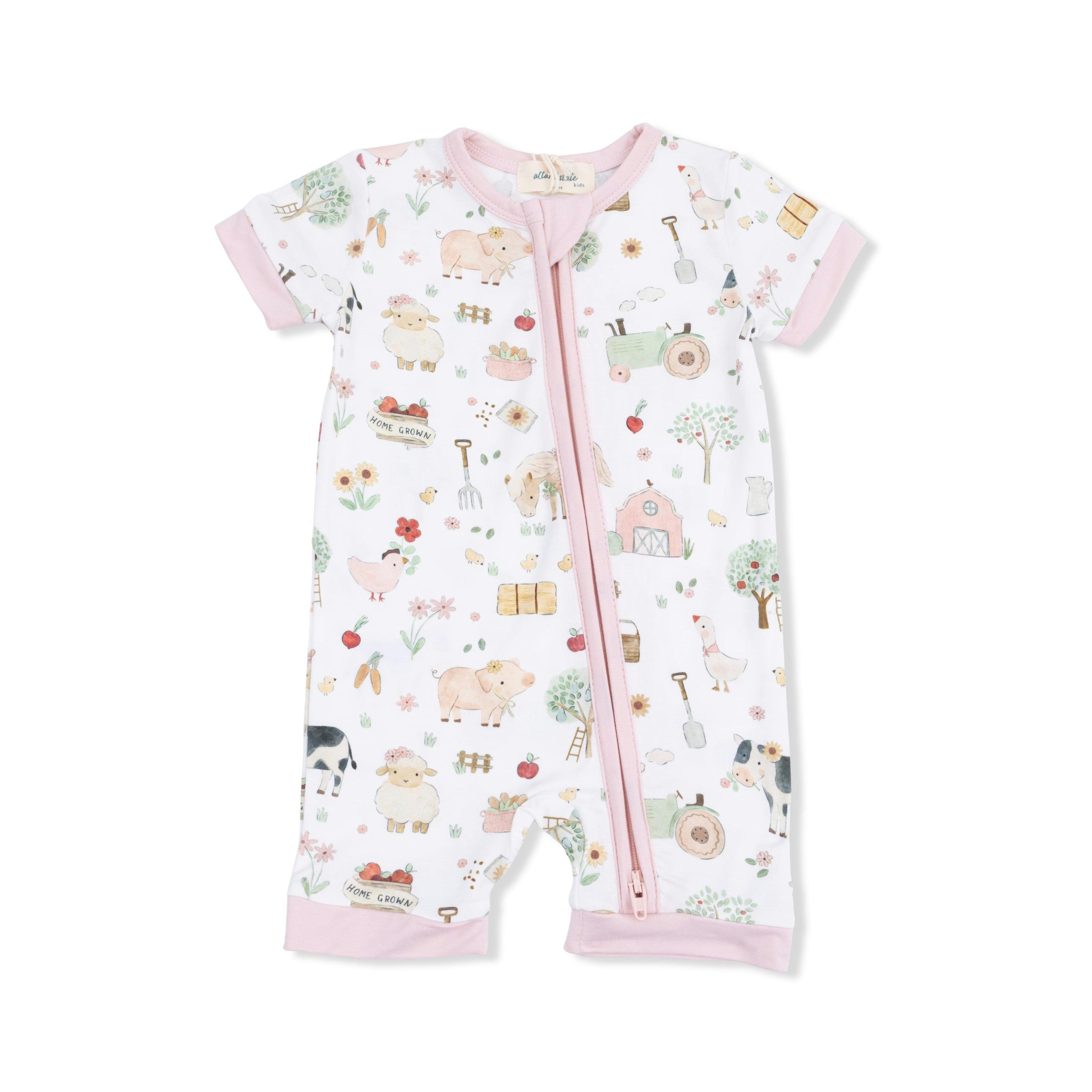 Cute Farm Animals Pink - Shortie 2 Way Zipper Romper