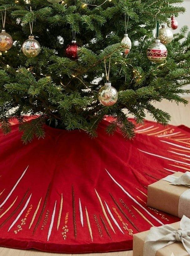 Hand Beaded Starburst Christmas Tree Skirt Red Silk - 60