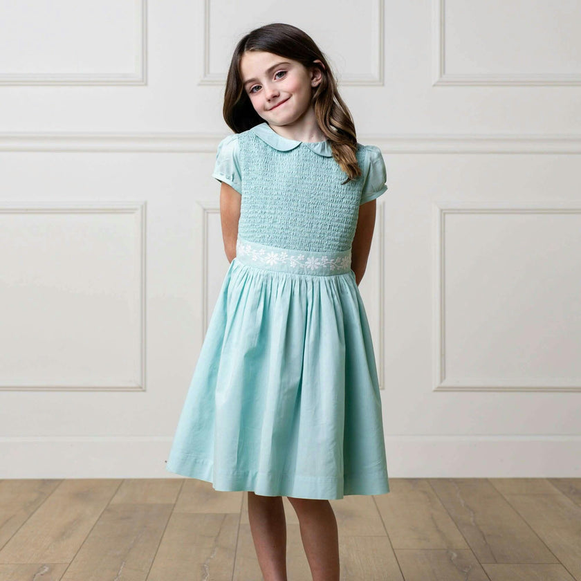 Organic Puff Sleeve Smocked Party Dress with Peter Pan Collar, Blue