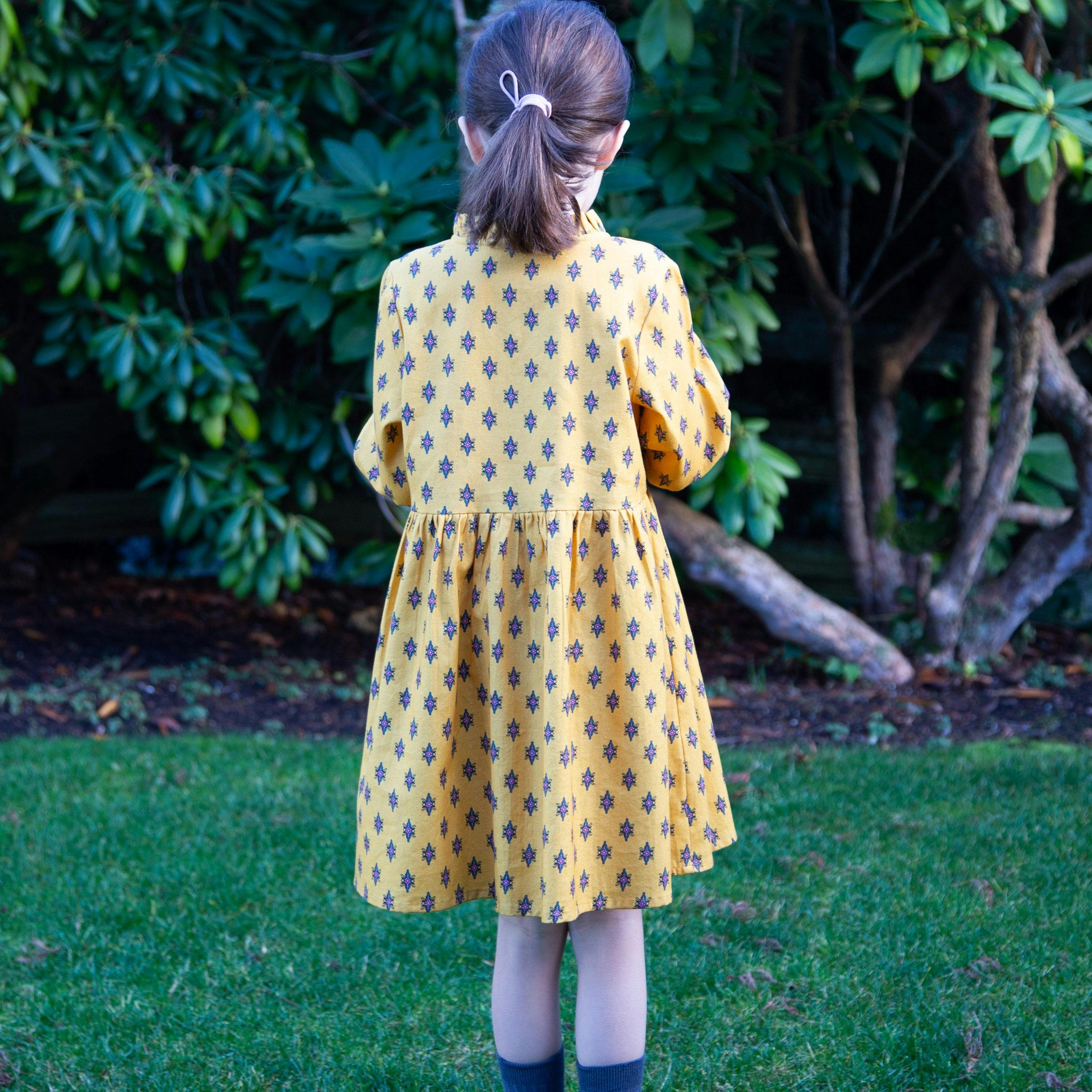 Girls All-Over Print Front Ruffle Long Sleeve Dress