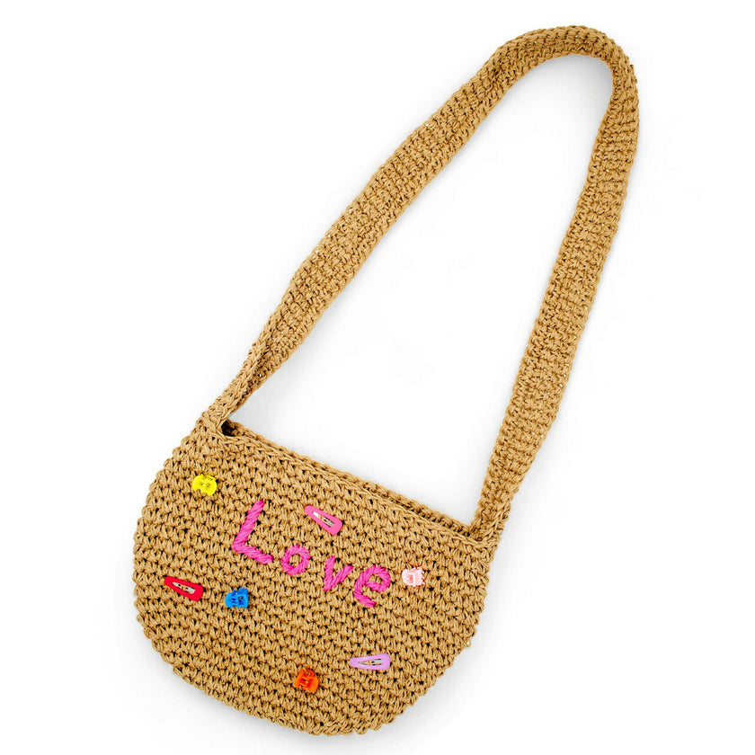 Girls Wicker Crossbody Message Charm Tote