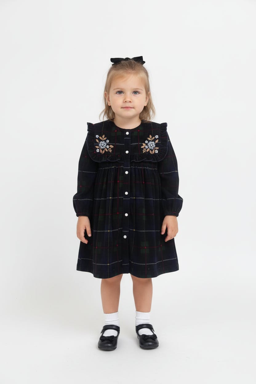 Holly Corduroy Hand-Embroidered Sailor Collar Shirt Dress Green