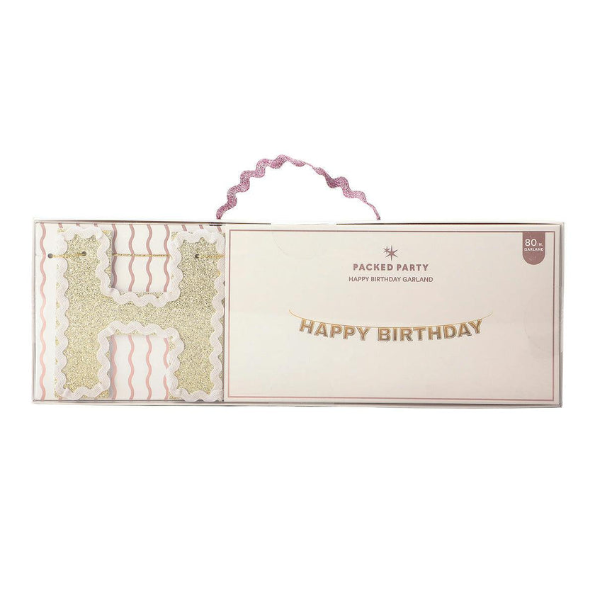 Packed Party Happy Birthday Gold Shimmer Reusable Banner - 80-Inch Glitter Gold Felt Letters with Ric Rac Trim for Birthday Parties and Celebrations