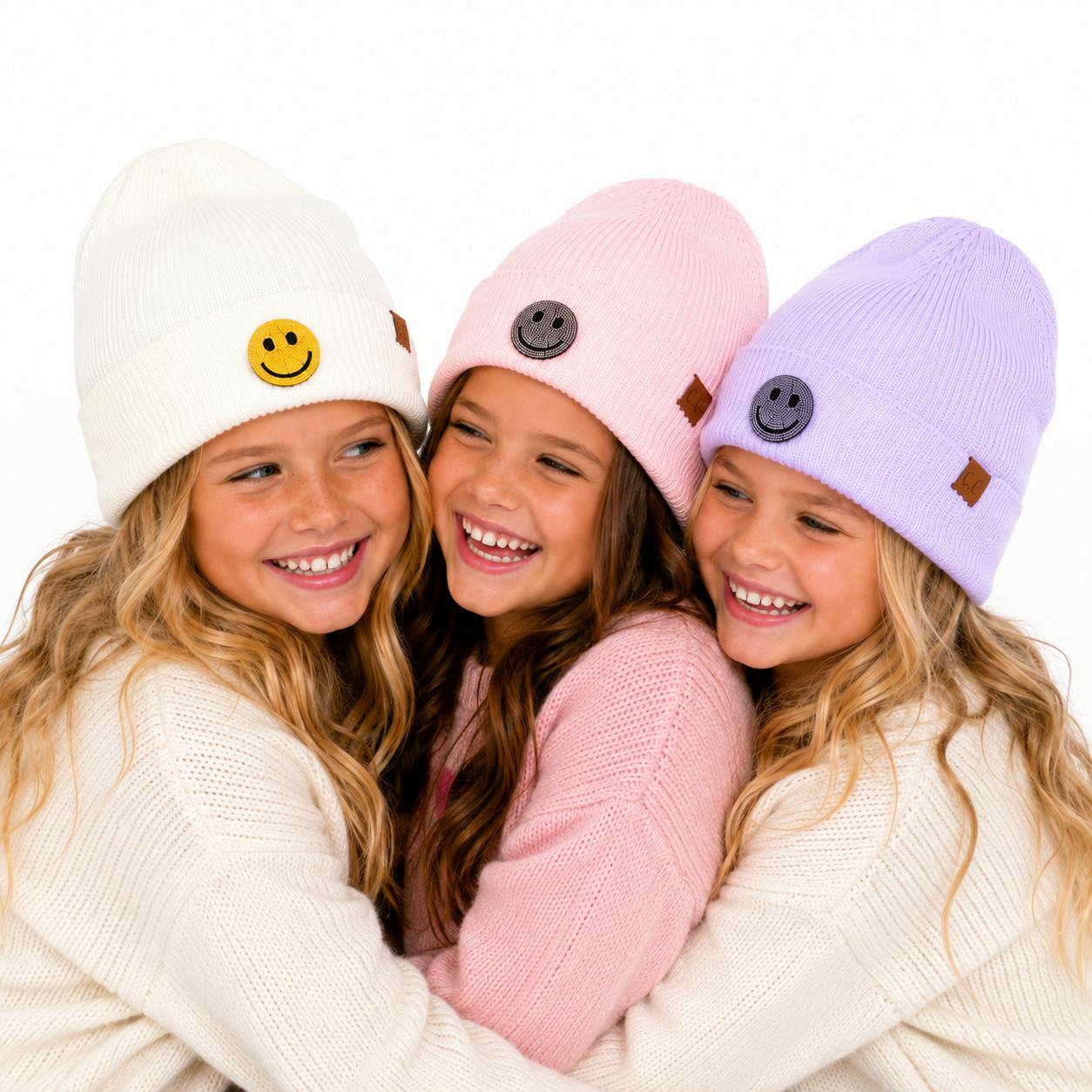Little Girl's (4-6x) Solid Color Beanie with Rhinestone Happy Face Patch