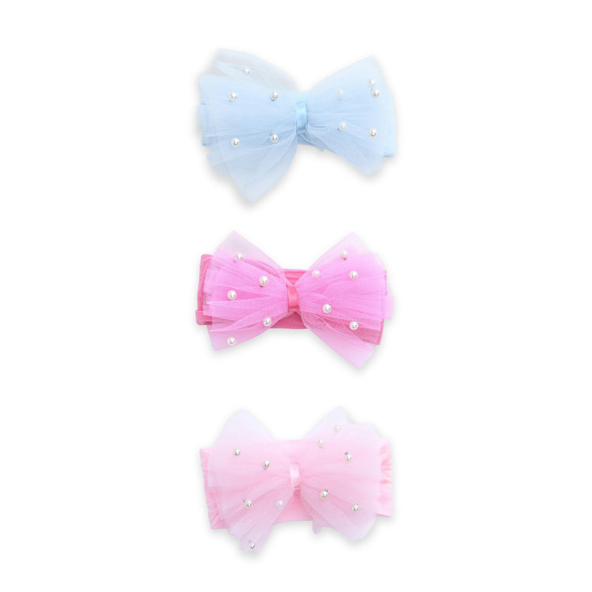 Multicolor Elastic Tulle Pearl Bow Headband Set