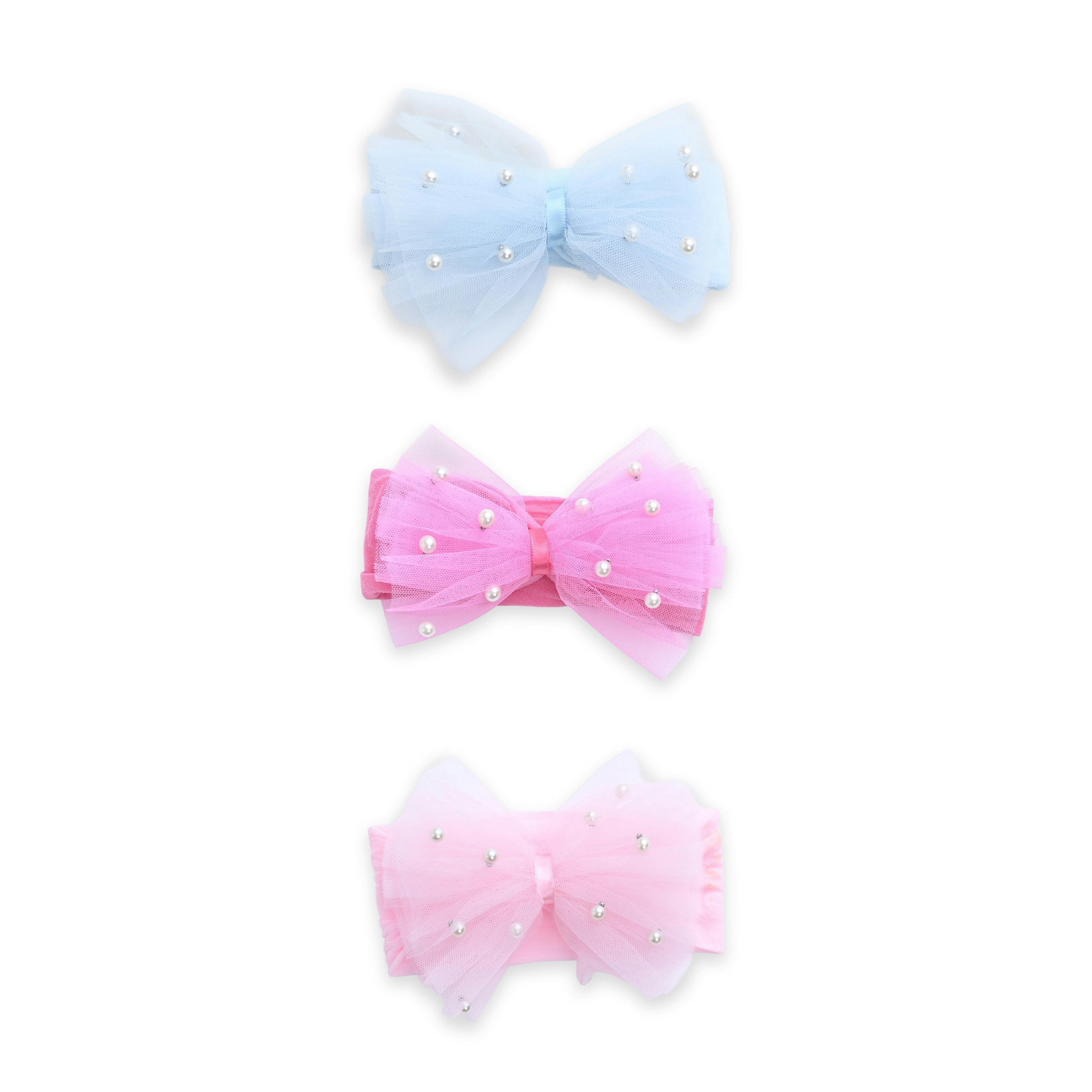 Multicolor Elastic Tulle Pearl Bow Headband Set