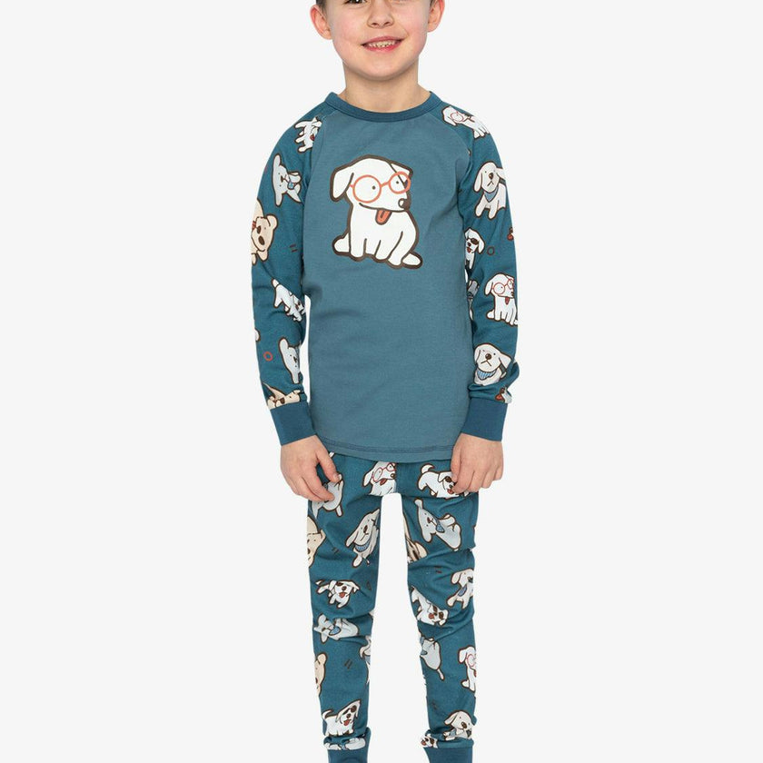 Organic Cotton Two Piece Pajama Set Turquoise Dog Print