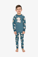 Organic Cotton Two Piece Pajama Set Turquoise Dog Print