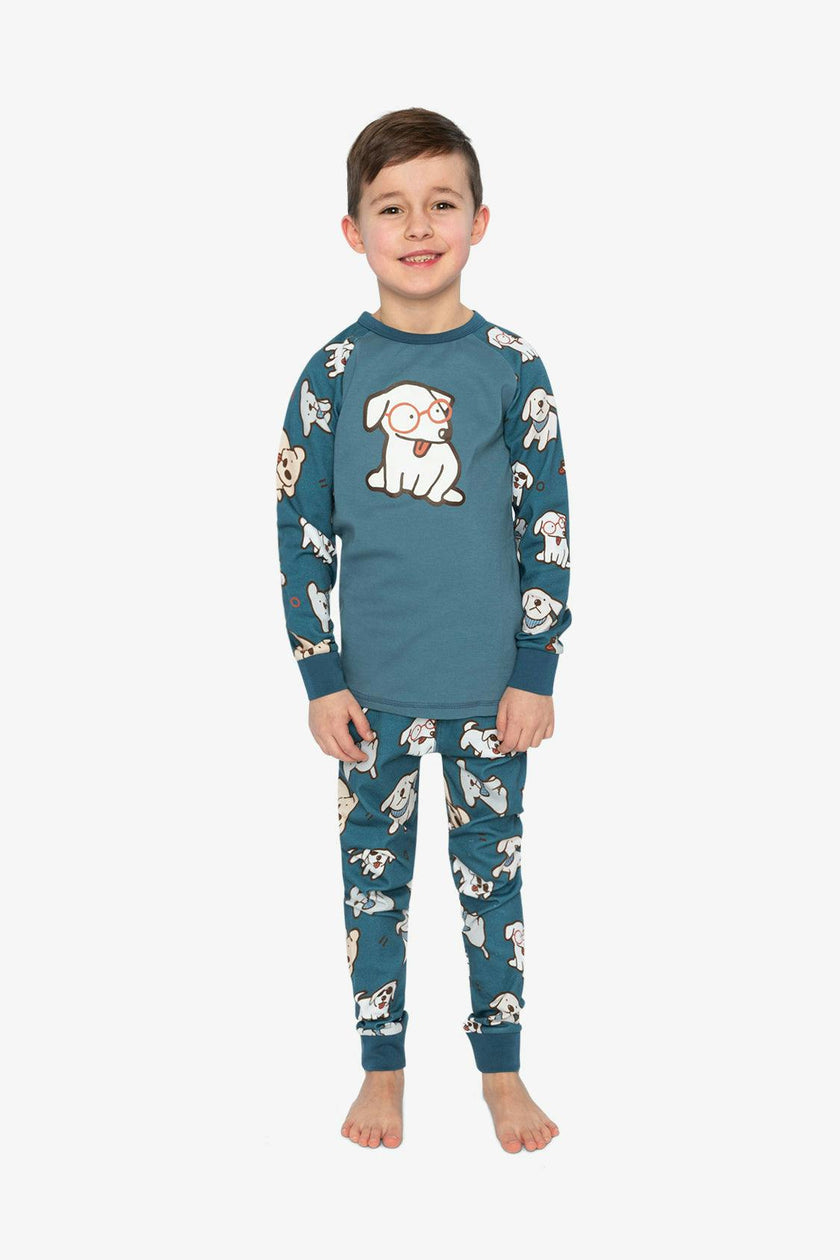 Organic Cotton Two Piece Pajama Set Turquoise Dog Print