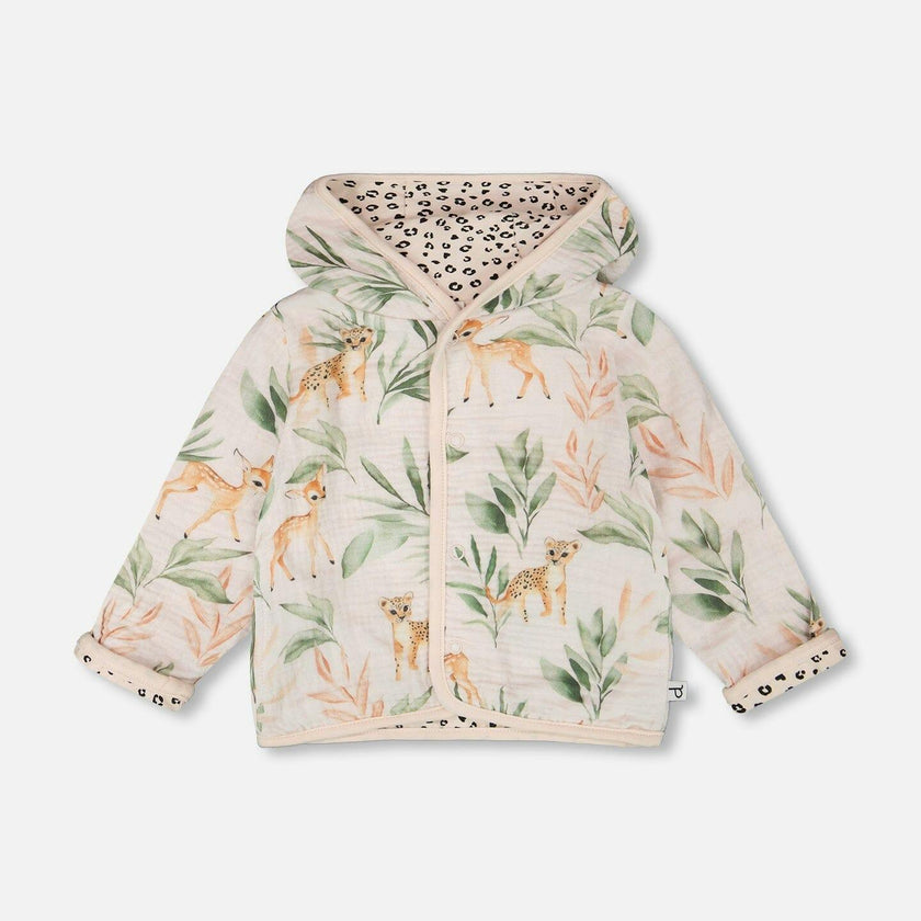Muslin And Organic Cotton Jersey Reversible Hooded Jacket Peach Deer/Leopard Print