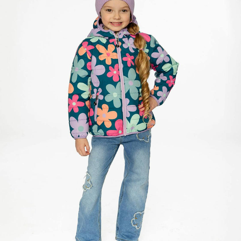 Quilted Mid-Season Jacket Green Floral Print