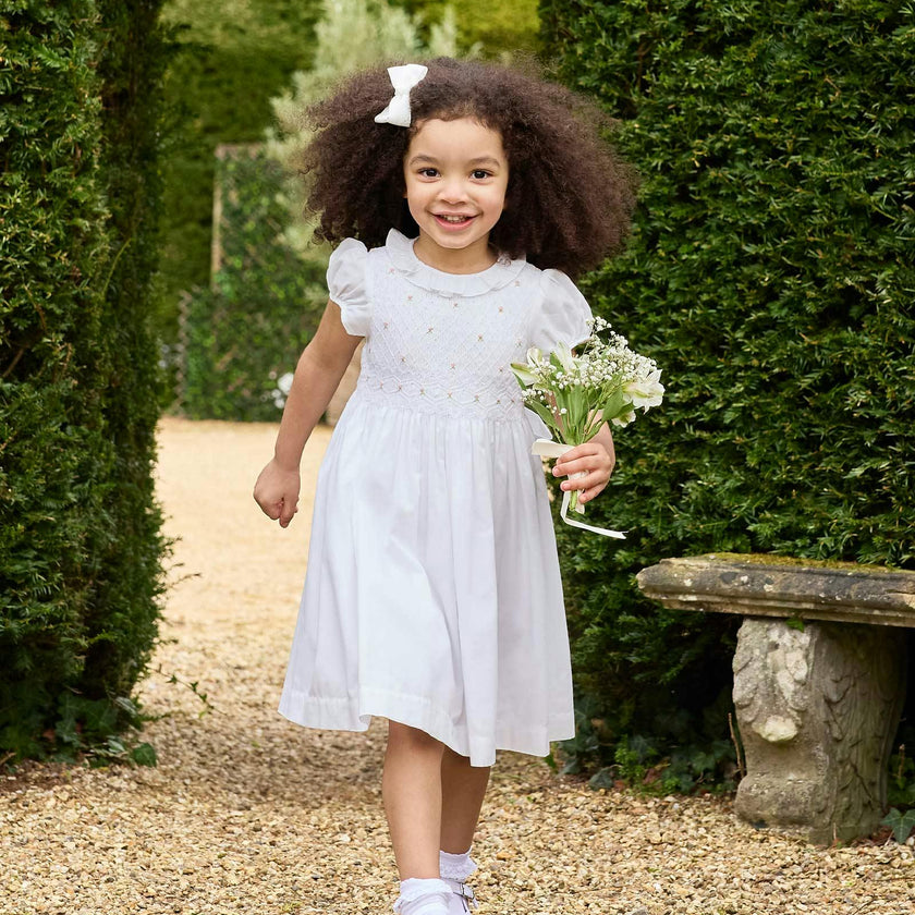 Willow Rose Hand Smocked Dress in White