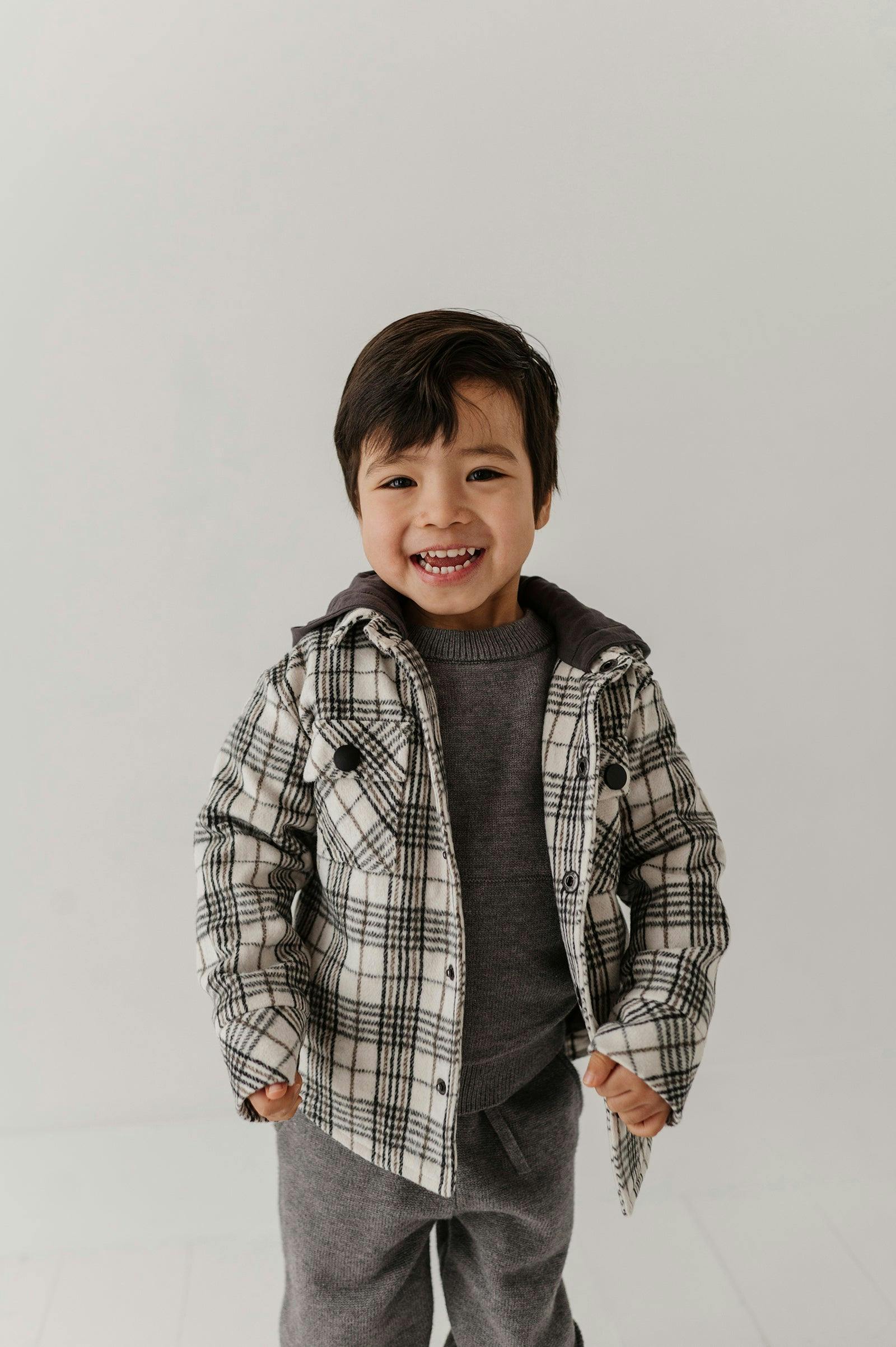 Kids Hooded Shacket in Granite Plaid