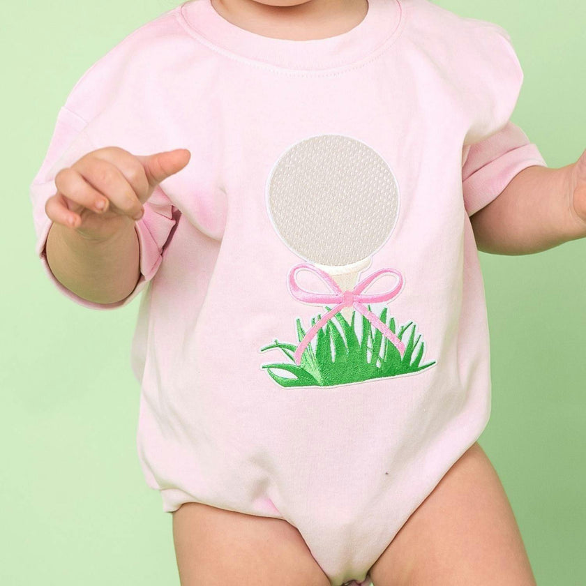 Golf Tee Bow Patch Short Sleeve Romper - Ballet