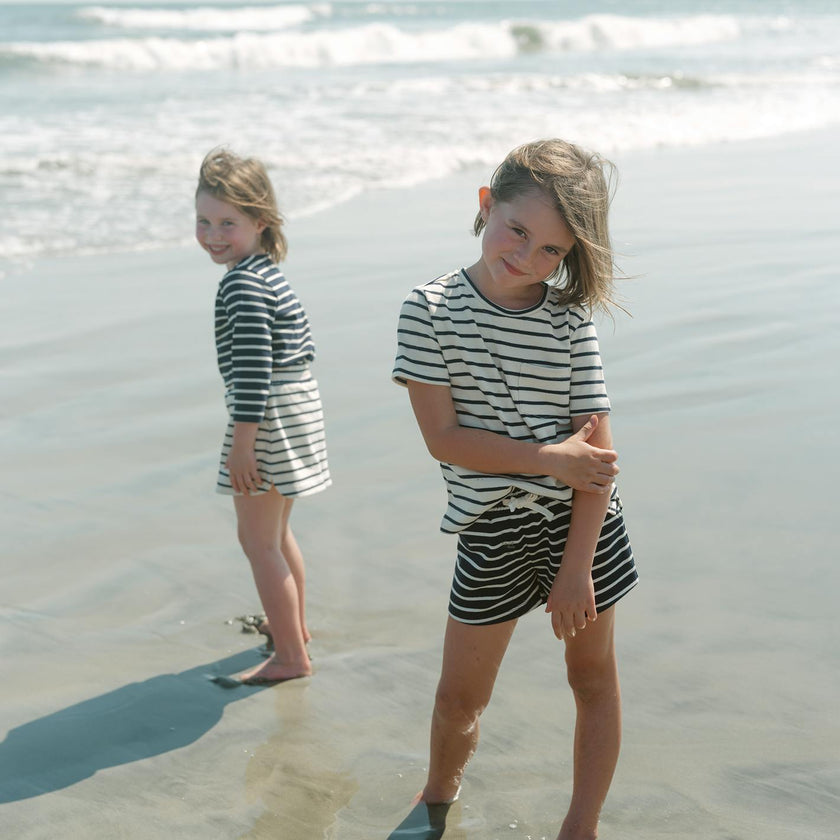 unisex cream and navy stripe boatneck tee