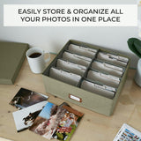 Decorative Photo Storage Box - Sturdy Linen Photo Organizer with Dividers - Stores Up to 850 4x6 Photos - Portable Scrapbook Storage Container with Lid