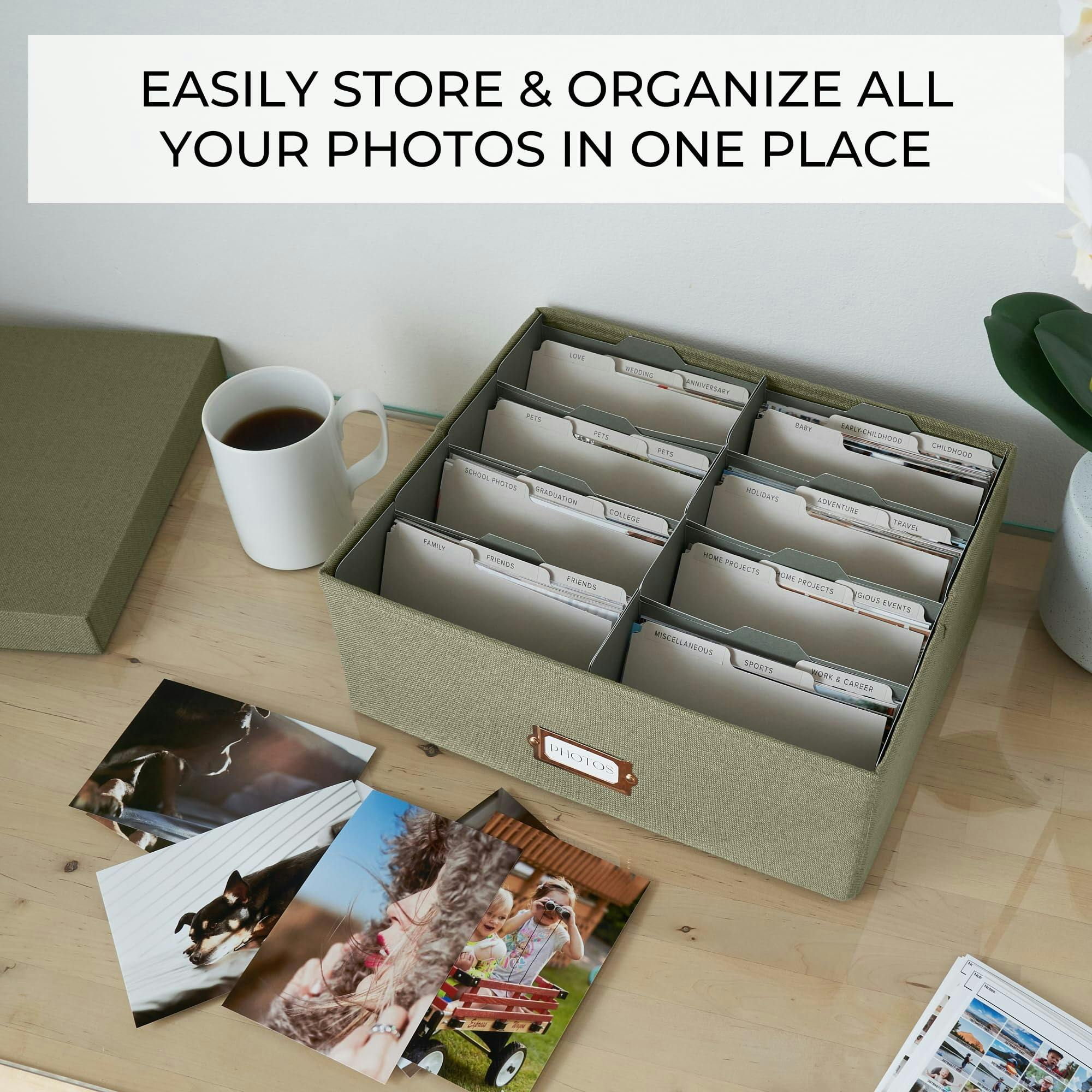 Decorative Photo Storage Box - Sturdy Linen Photo Organizer with Dividers - Stores Up to 850 4x6 Photos - Portable Scrapbook Storage Container with Lid