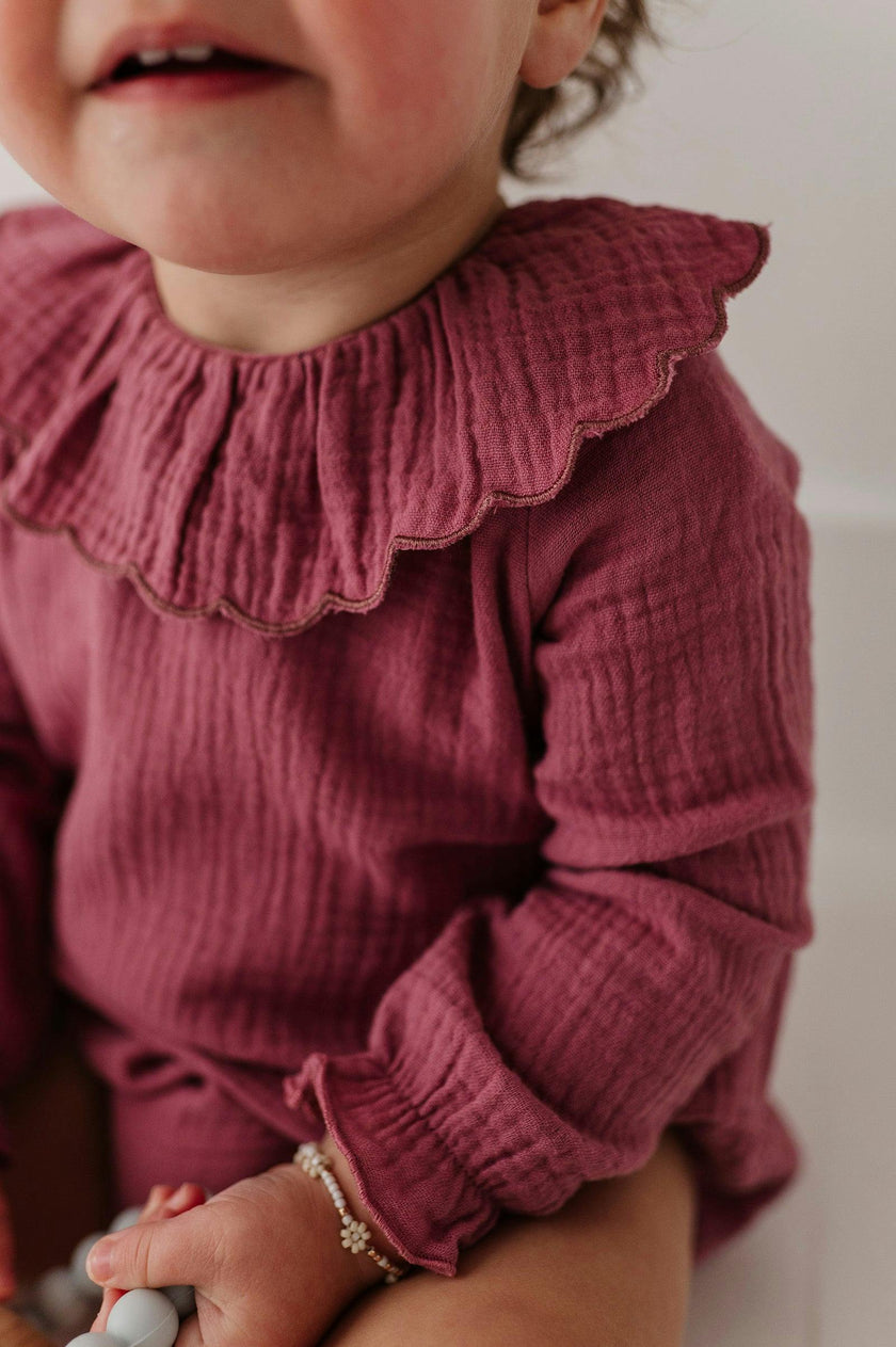 Girls Gauze Frill Neck Bodysuit in Mesa Rose