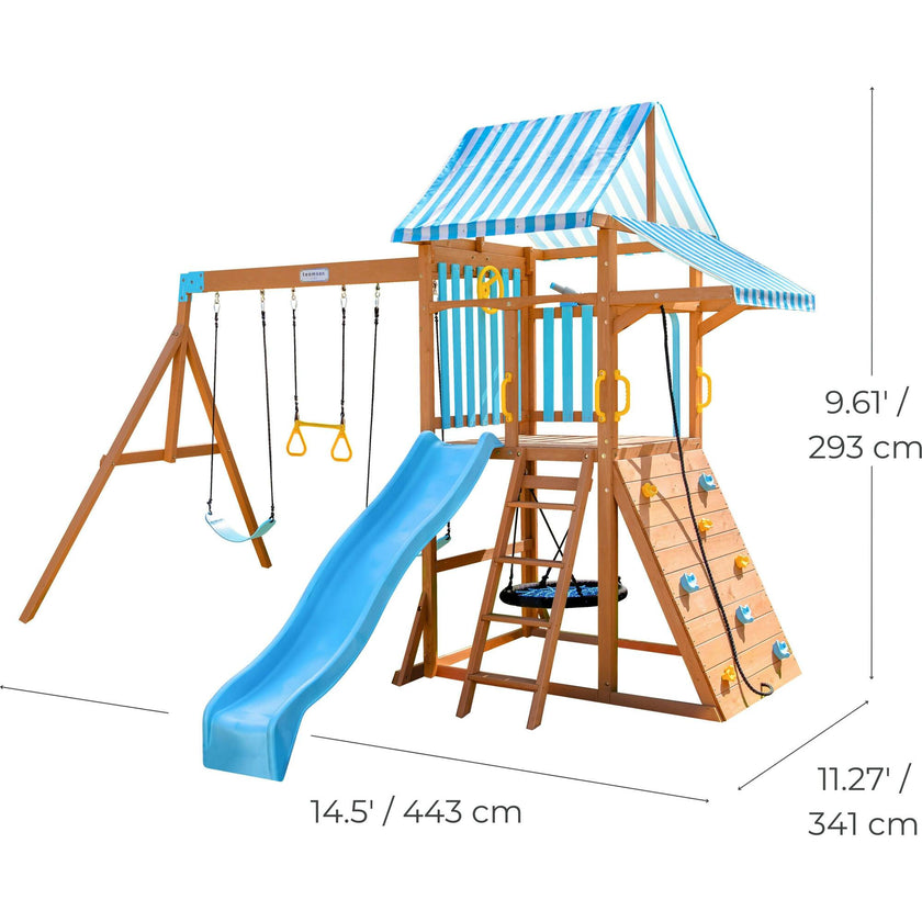 Teamson Kids Laguna Wooden Swing Set with Slide & Rock Wall