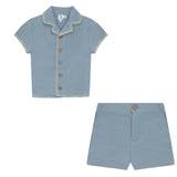 Twill Woven Button Front Elastic Waist Shorts and Shirt Two Piece Set