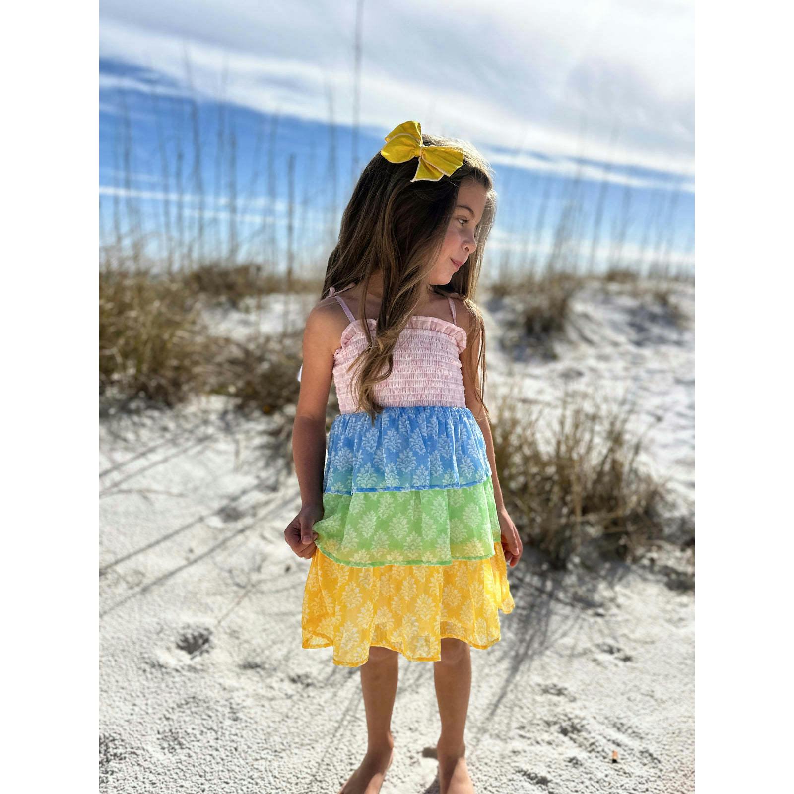 Smock Bodice Tiered Dress Block Print