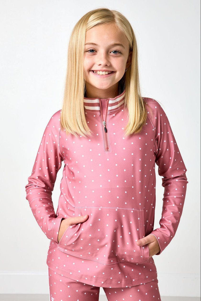 girls dusty pink polka dot retro half-zip