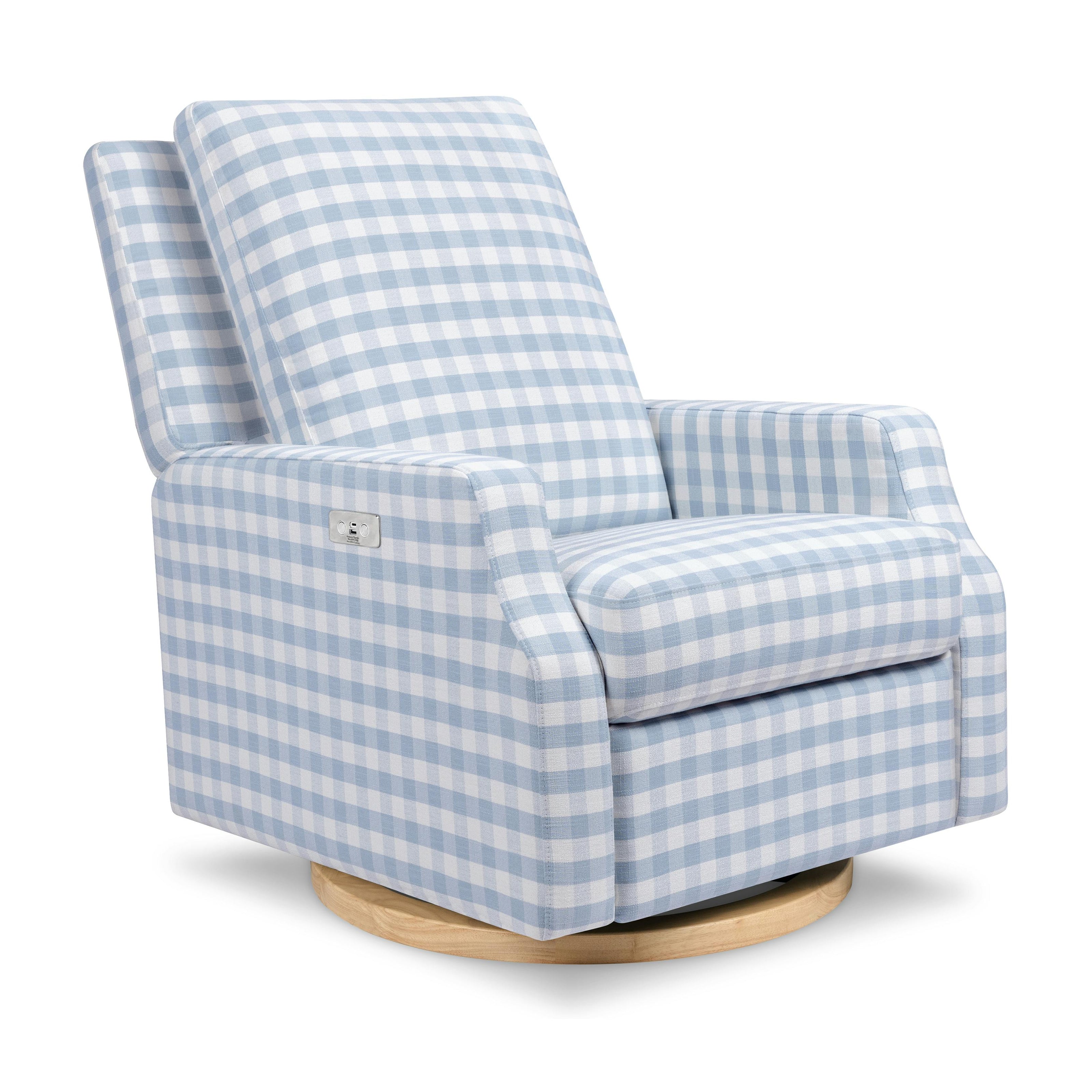 Crewe Electronic Recliner and Swivel Glider in Blue Gingham with Light Wood Base