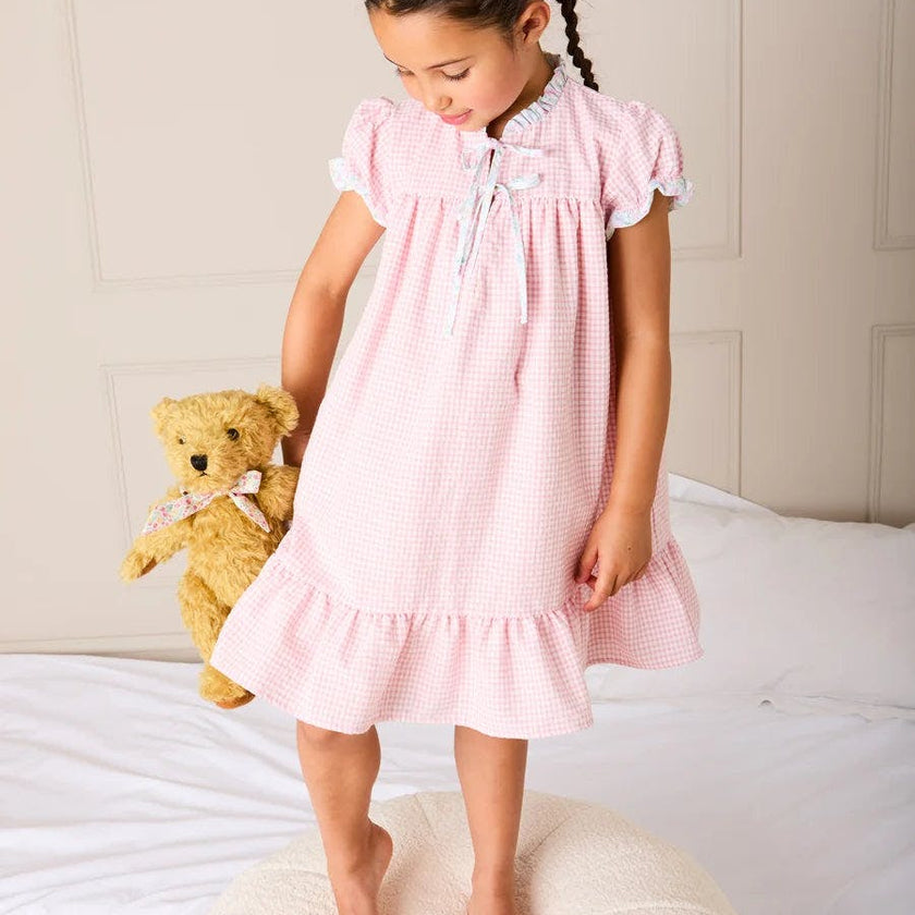 Beauchamp Gingham Ruffle Hem Floral Trim Night Dress in Pink (18mths- 10yrs)