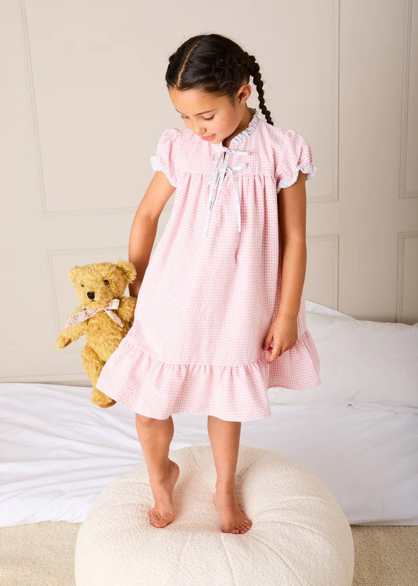 Beauchamp Gingham Ruffle Hem Floral Trim Night Dress in Pink (18mths- 10yrs)