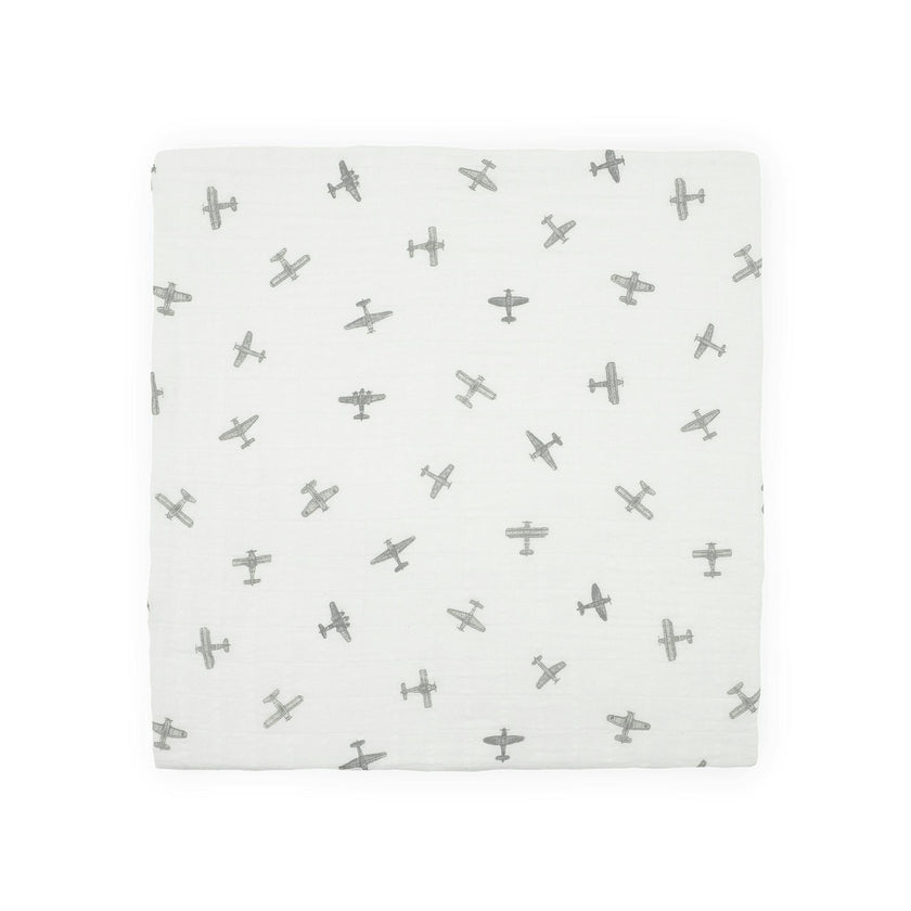 Organic Cotton Muslin Swaddle Blanket 2 Pack - Pewter Planes