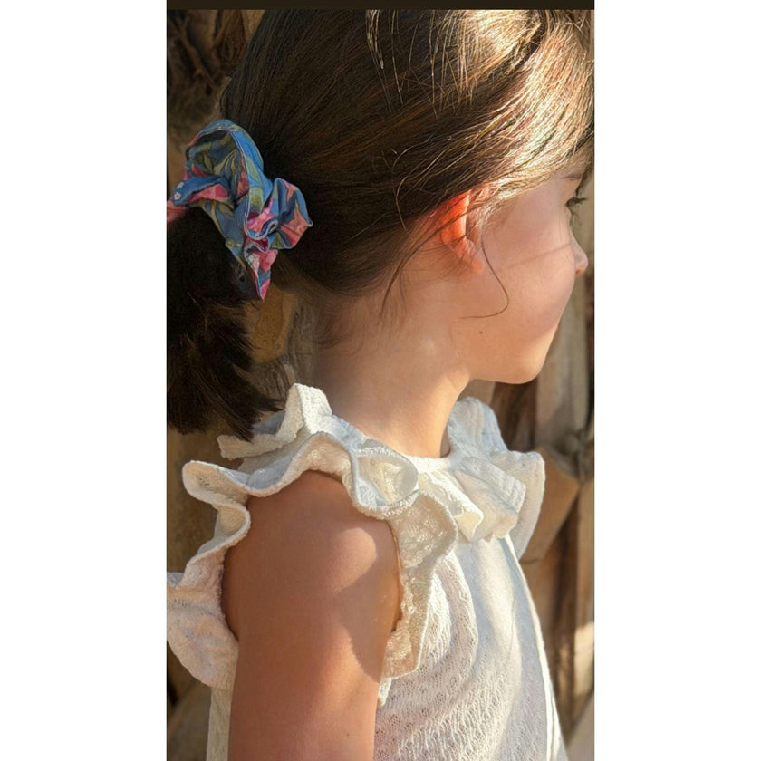 Scrunchie in Blue with Pink Bougainvillea