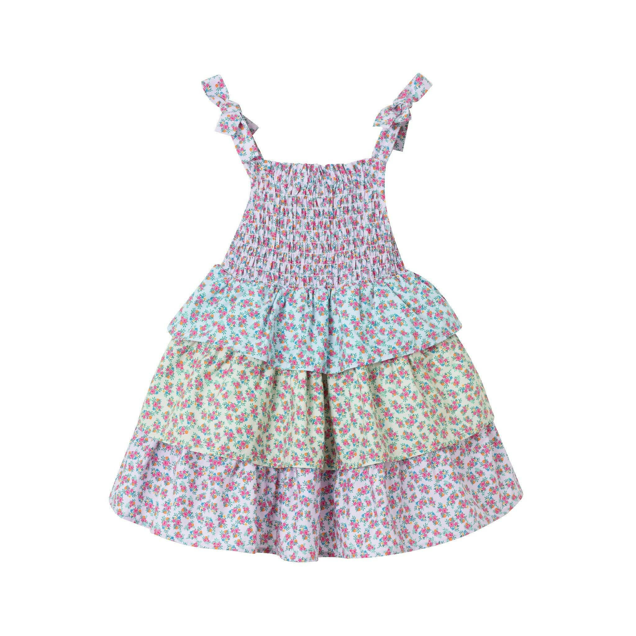 Kids Color Blocked Floral Tiered Dress