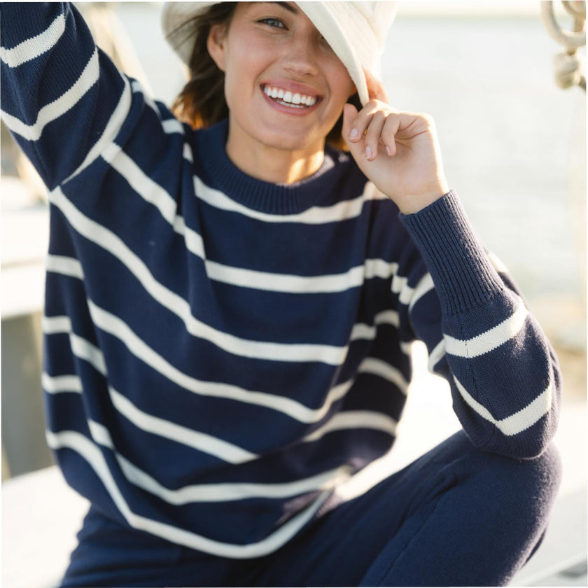 Women's Navy And Cream Wide Stripe Knit Sweater