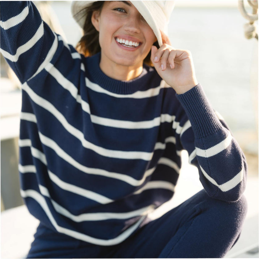 Women's Navy And Cream Wide Stripe Knit Sweater