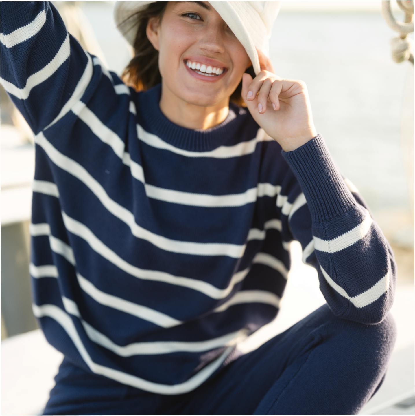Women's Navy And Cream Wide Stripe Knit Sweater