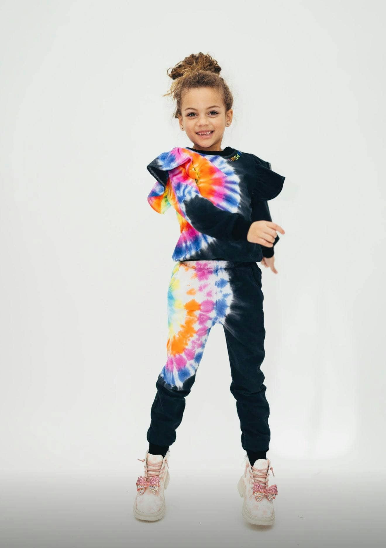 Rainbow Tie-Dye Ruffle Sweatshirt And Pant Set